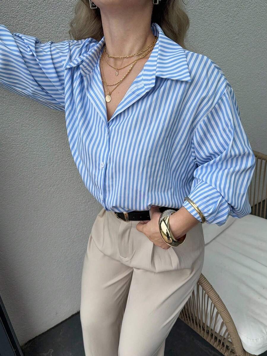 Jeta Ari Loose Casual Striped Women Shirt,Long Sleeve Tops